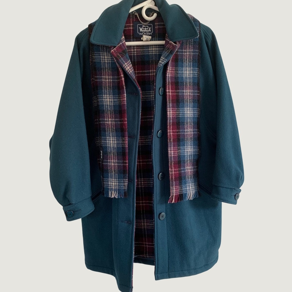 Vintage Woolrich Woman Wool Coat Jacket w/ Scarf Small Green Plaid Lined USA - Picture 1 of 11